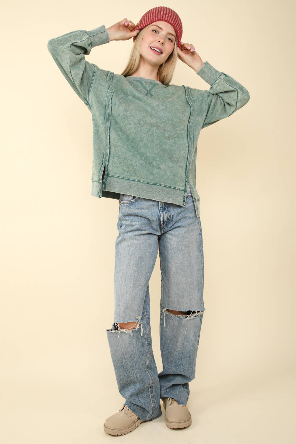 Mya Mineral Washed French Terry Oversized Knit Top ~ Olive