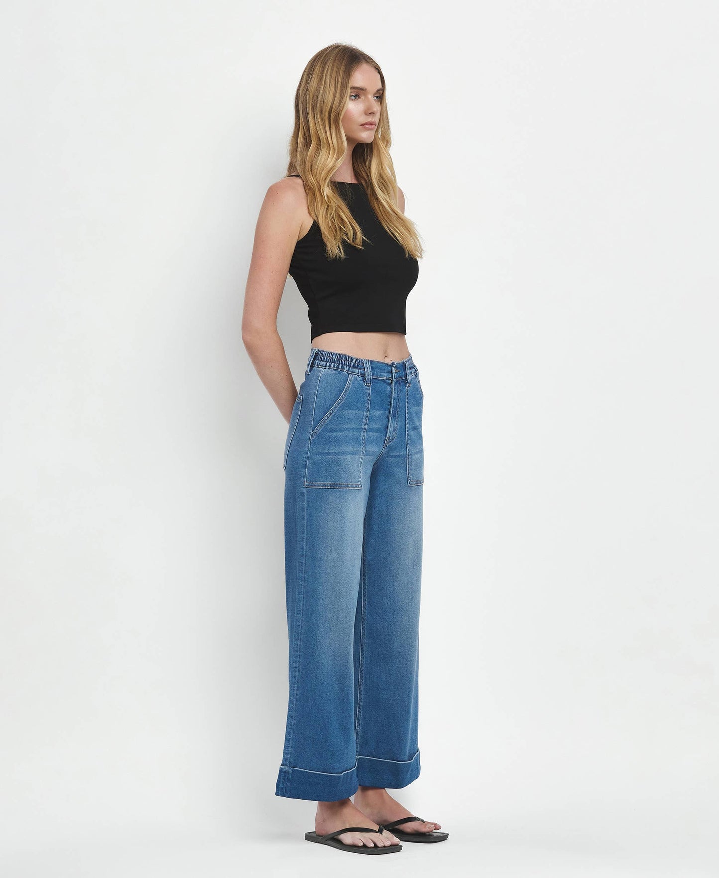Eva High Rise Double Cuffed Baggy Wide Jeans ~ Dark Denim
