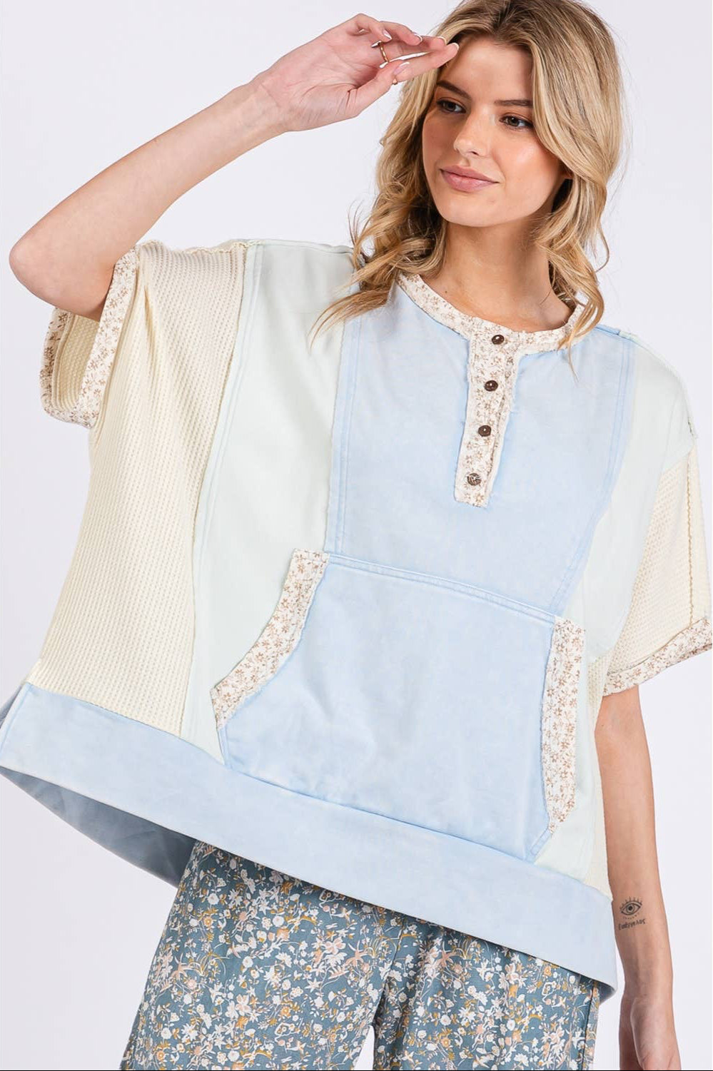 Camila Colorblock Kangaroo Pocket Top ~ Blue
