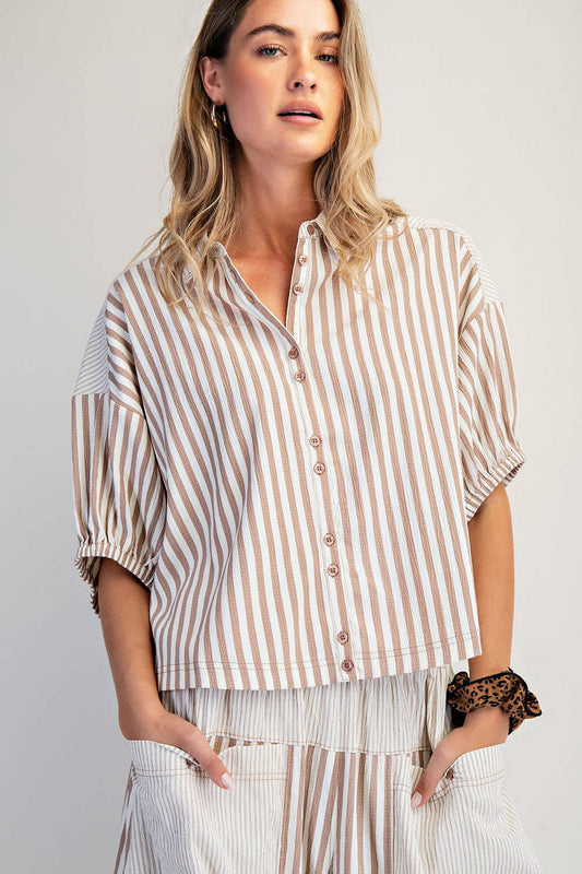 Blair Boxy Striped Button Down Shirt ~ Mocha