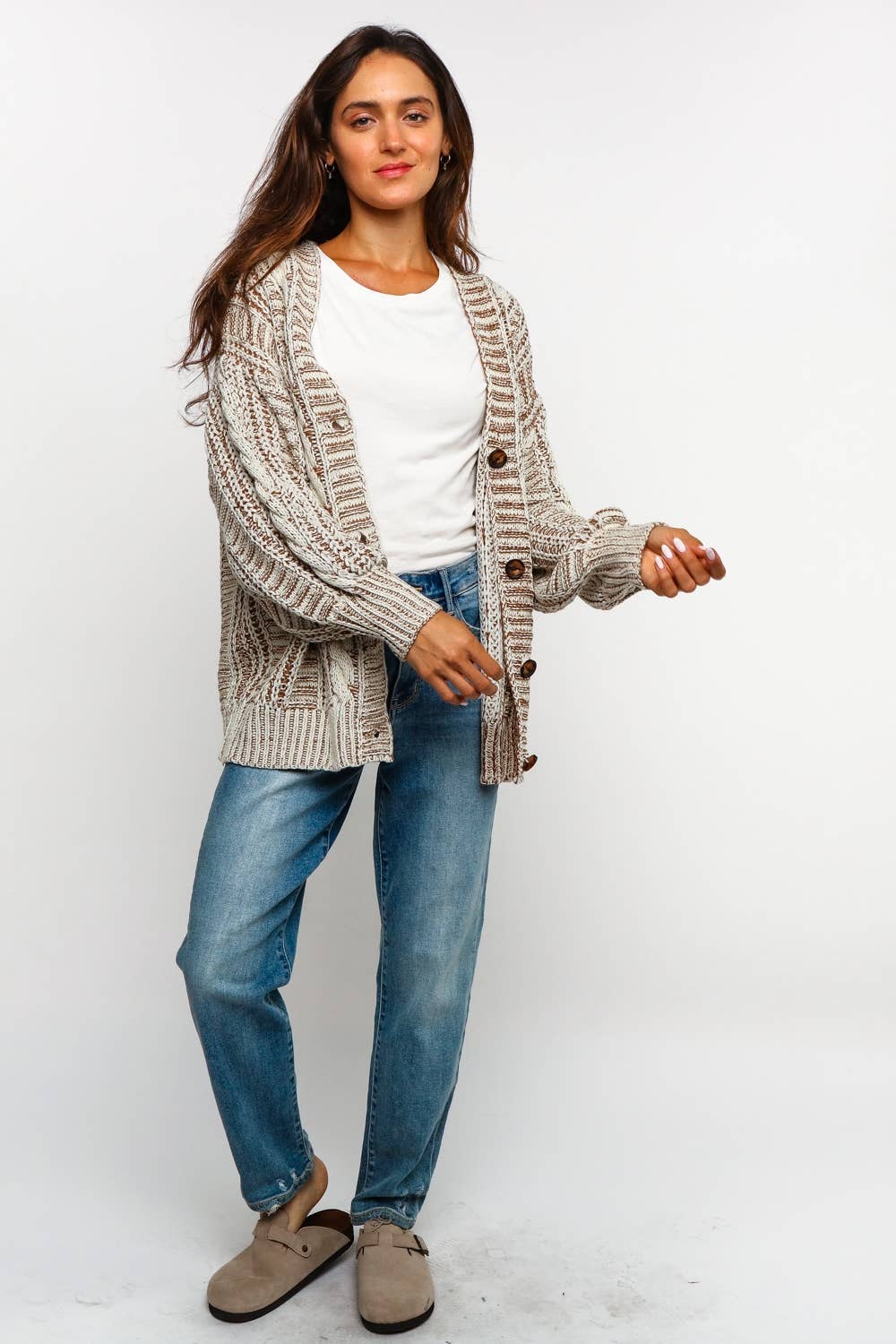 Tessa Two Tone Cable Chunky Sweater Cardigan ~ Oatmeal/Taupe