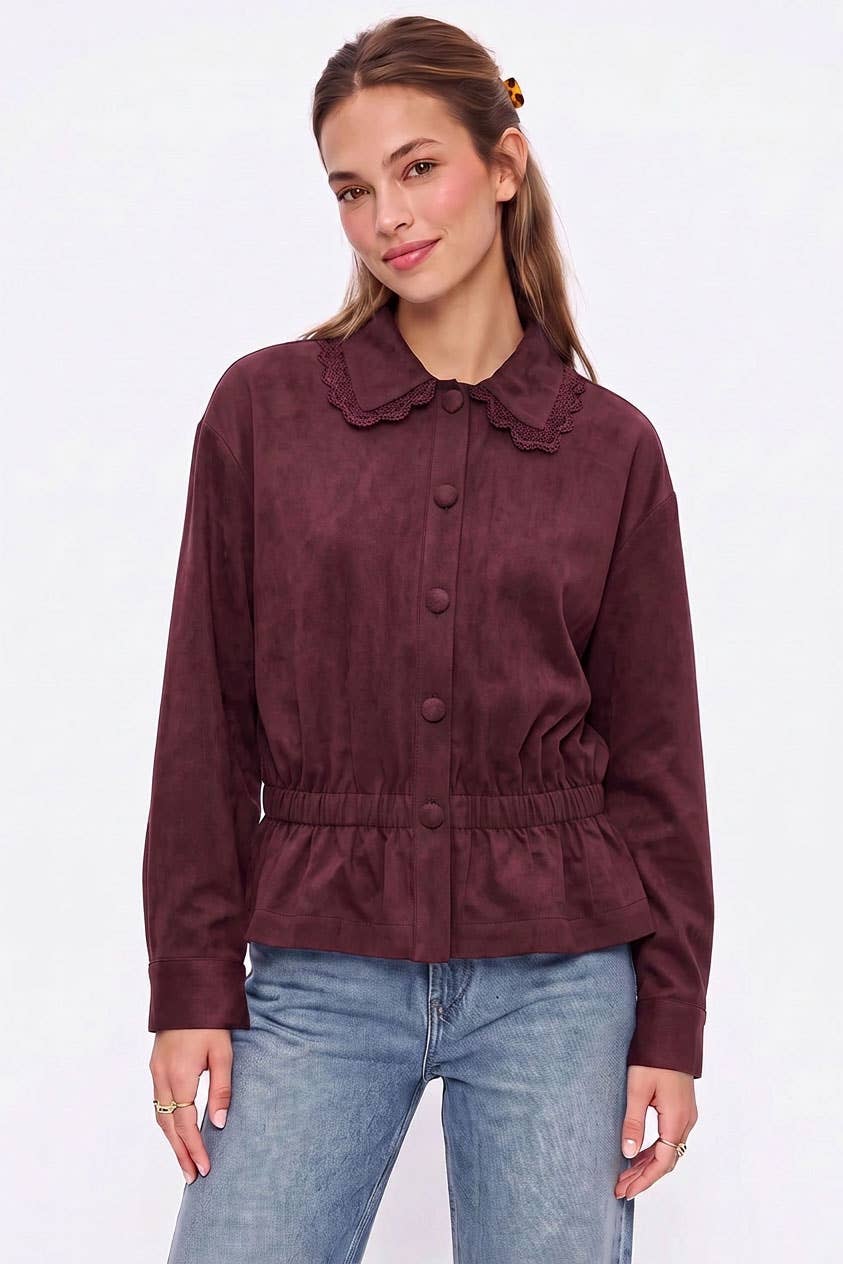 Vintage Lace Collar Soft Matte Top ~ Wine