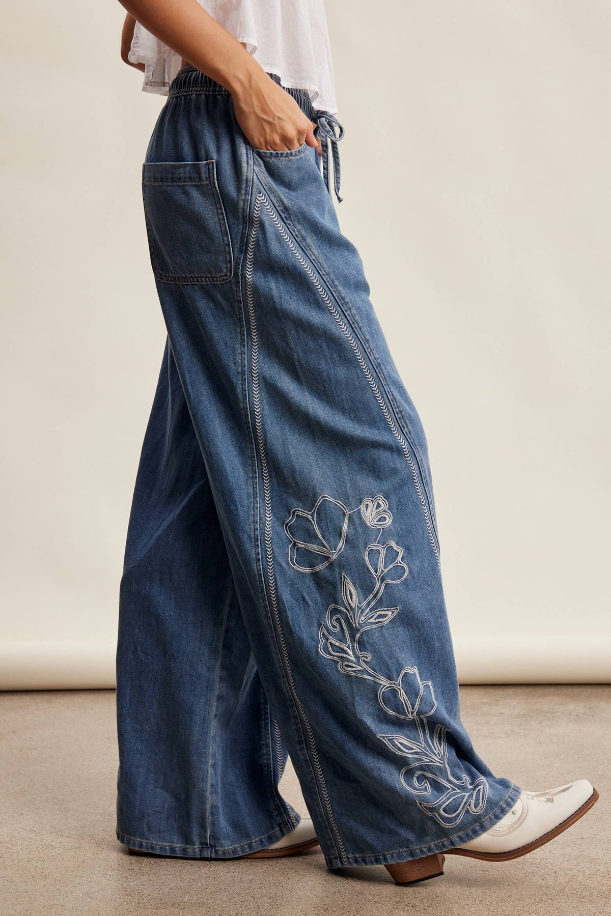 Emma Embroidered Wide Leg Denim Pants ~ Sunwash Blue
