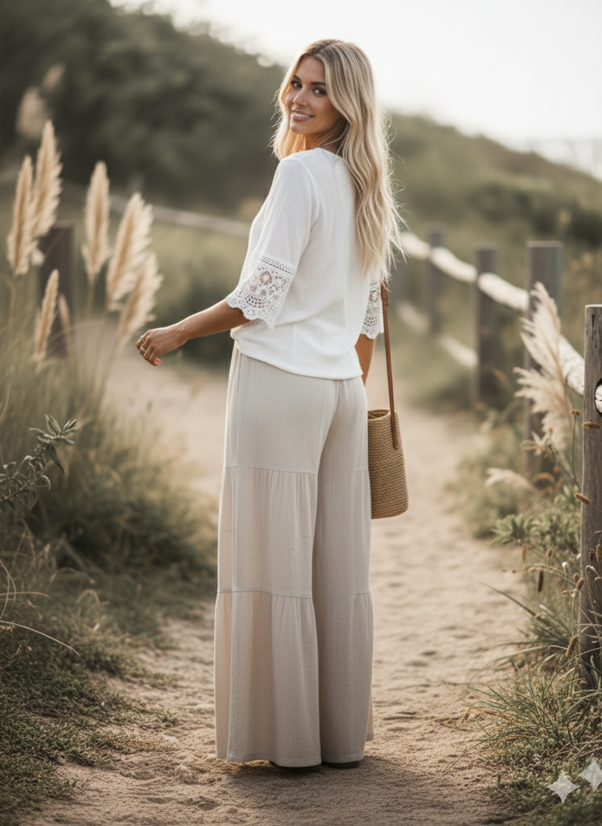 Linen Blend Tiered Wide Leg Palazzo Pants~Natural
