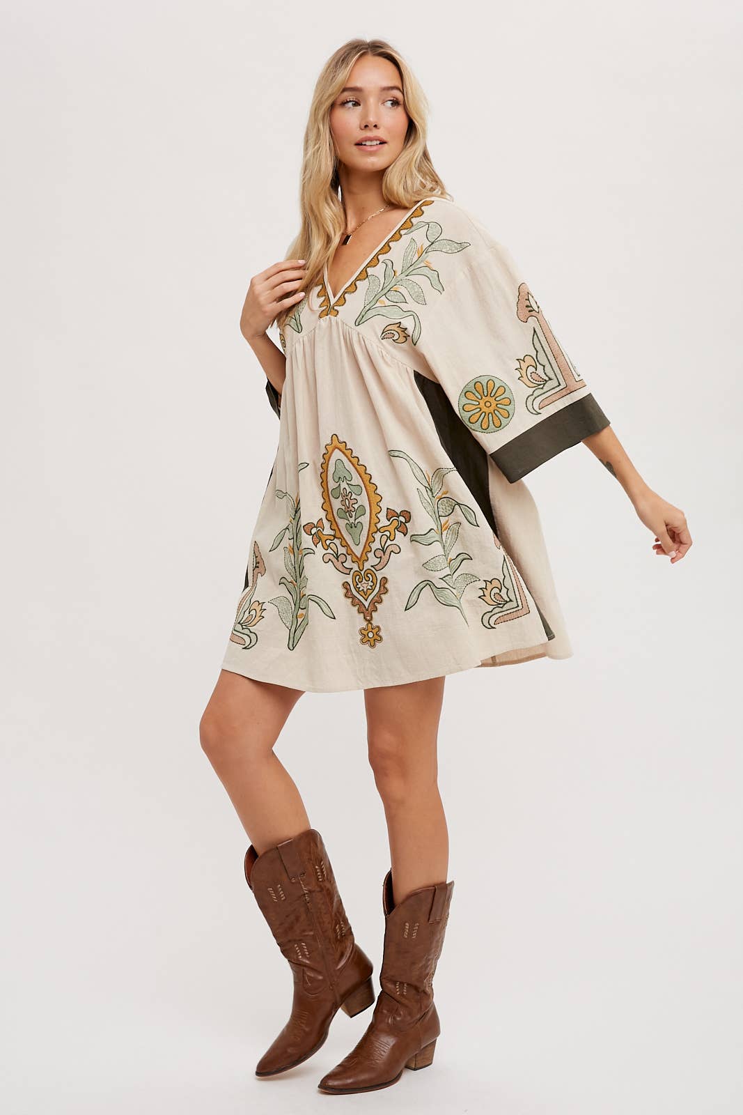 Blair Boho Embroidered V Neck Dress ~ Oatmeal