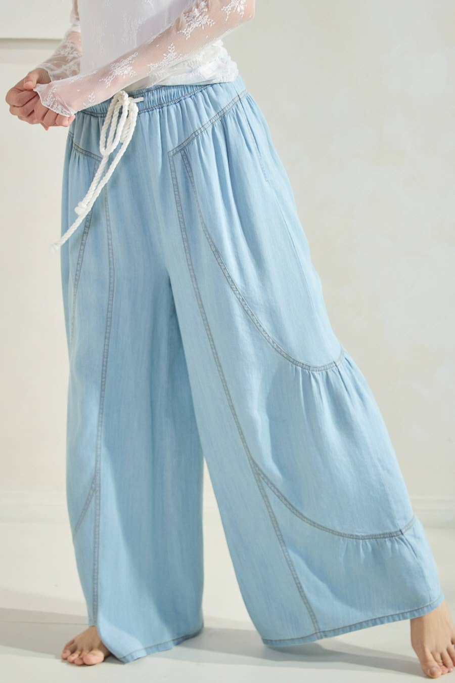 Carmon Chambray Wide Palazzo Pants ~ Light Denim