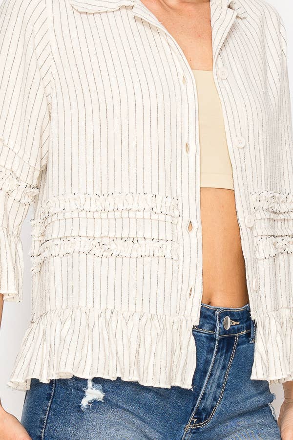 Phoebe Pinstripe Ruffle Top ~ Beige