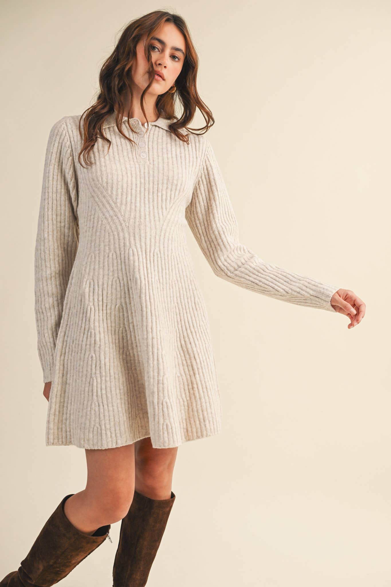 Ruby Ribbed Sweater Flared Mini Dress ~ Oatmeal