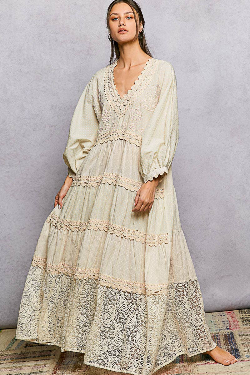 Sidney 3/4 Sleeves Embroidered Lace Romantic Maxi Dress ~ Natural