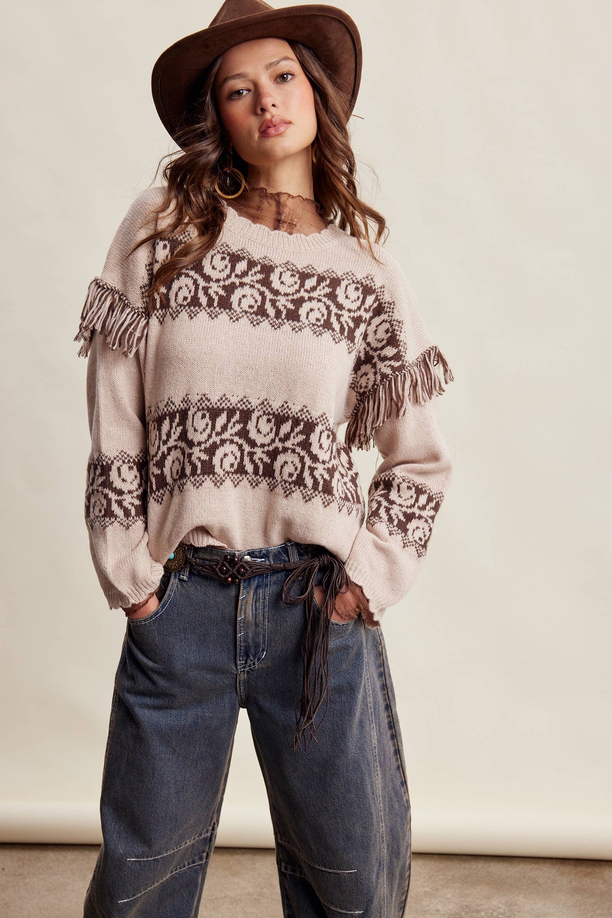 Whitney Western Fringe Pattern Knit Sweater ~ Sand Stone