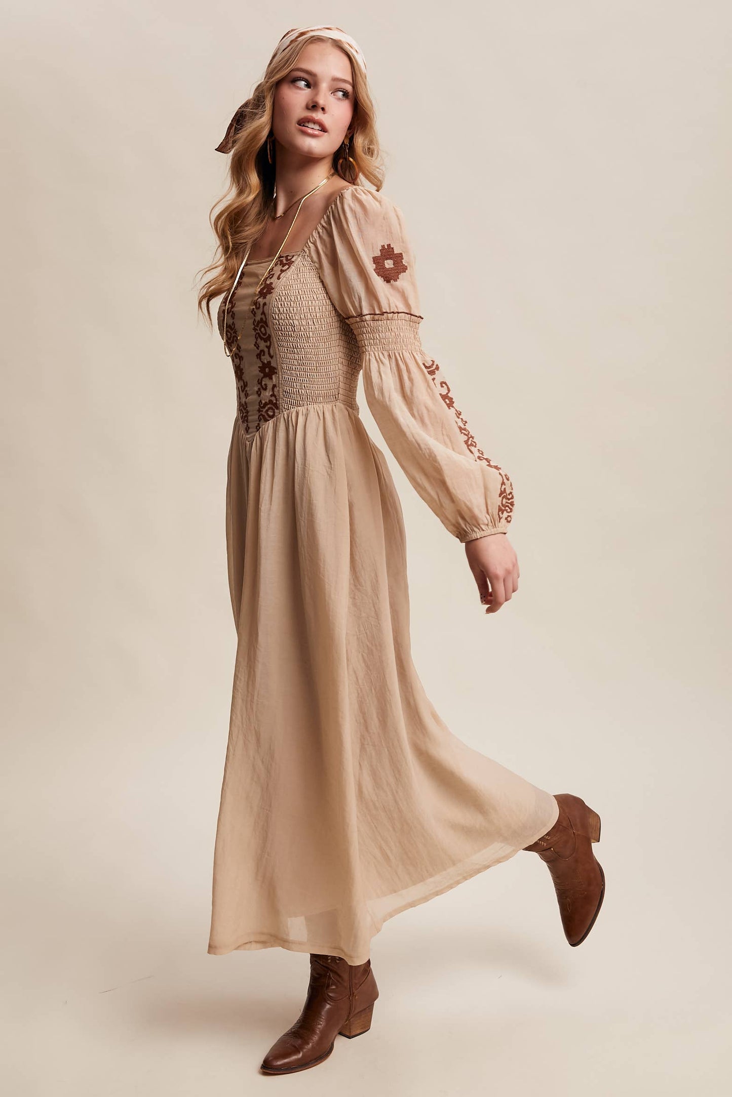 Emma Embroidered Square Neck Puff Sleeve Maxi Dress ~ Taupe