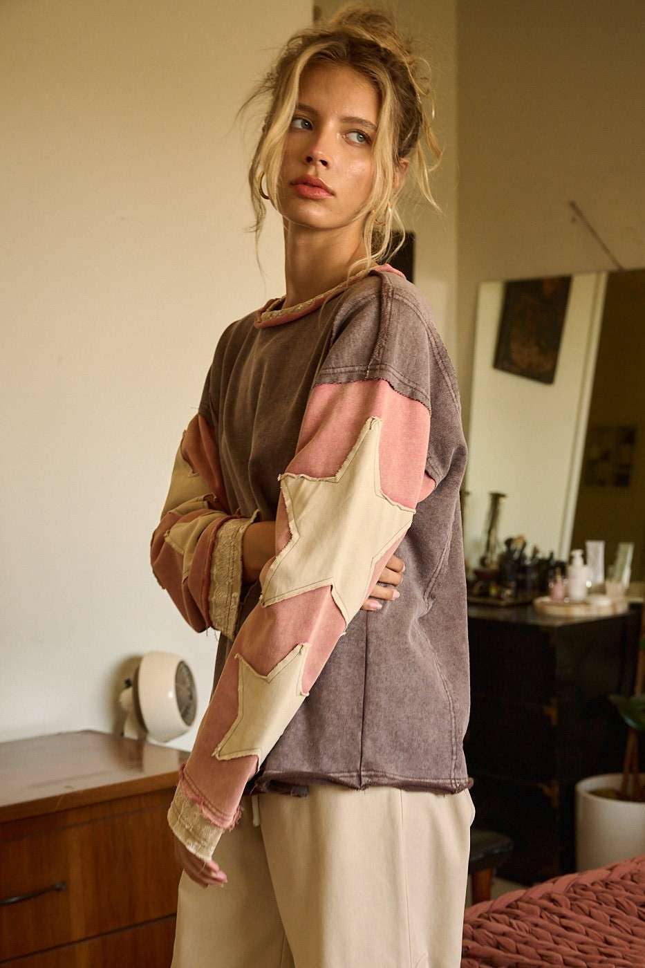 Sara Star Patch Colorblock Mineral Wash Top ~ Brown