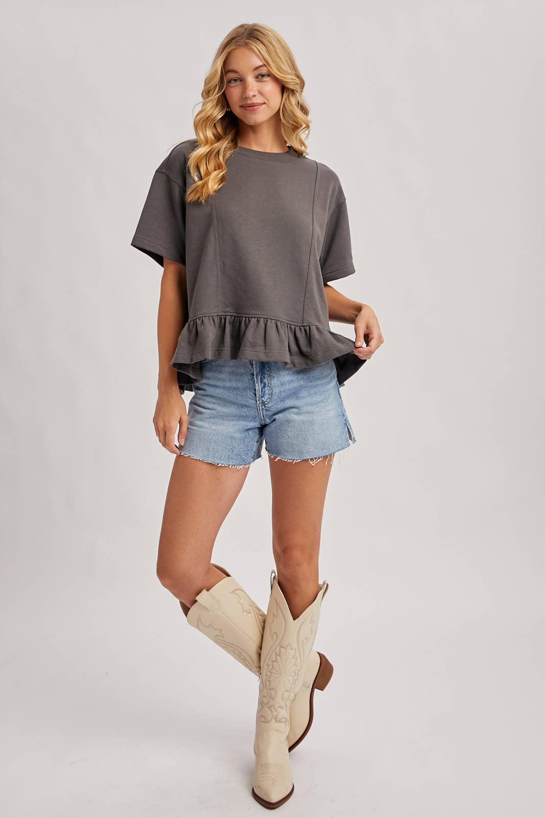 Regan Ruffled Peplum Hem Swing Knit Top ~ Ash