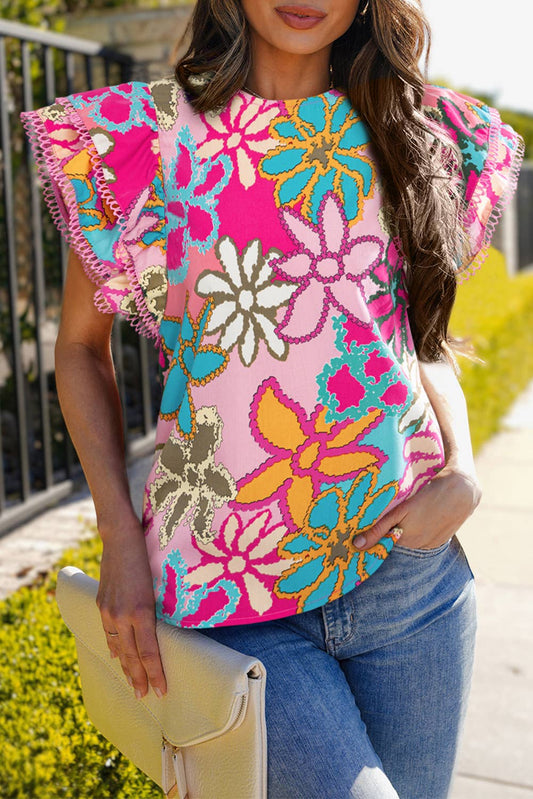 Faith Floral Print Trimmed Ruffle Sleeve Top ~ Pink