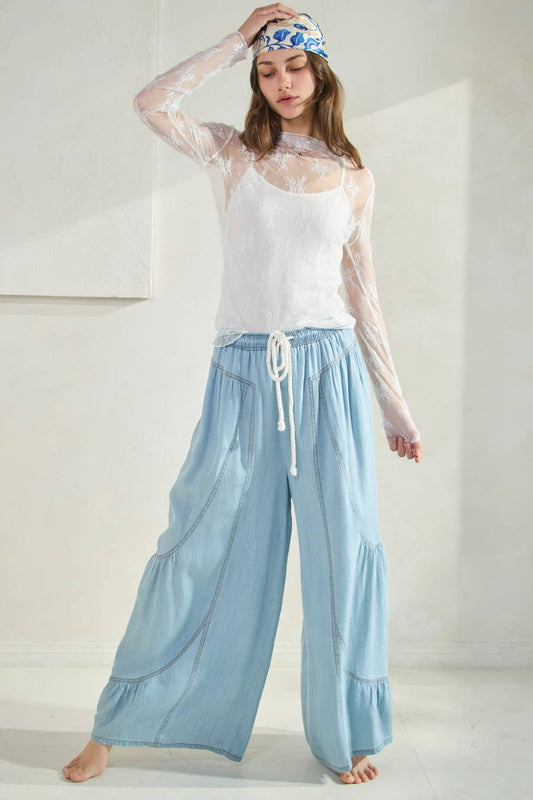 Carmon Chambray Wide Palazzo Pants ~ Light Denim