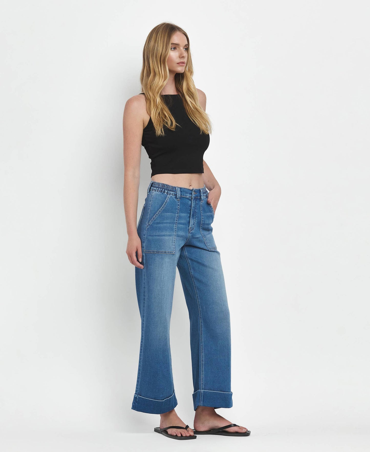 Eva High Rise Double Cuffed Baggy Wide Jeans ~ Dark Denim