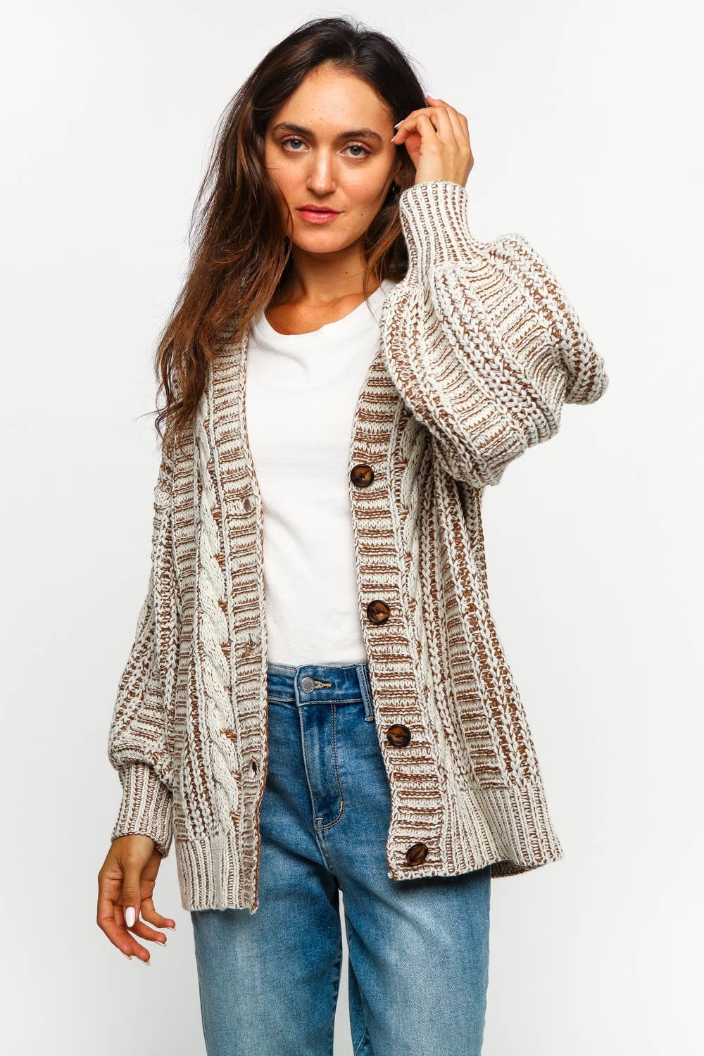 Tessa Two Tone Cable Chunky Sweater Cardigan ~ Oatmeal/Taupe