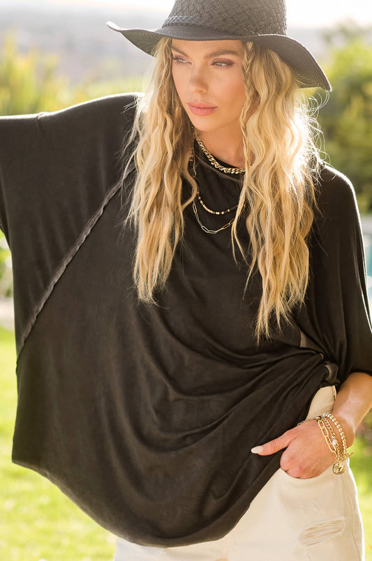 Danielle Dyed Fabric Round Neck Batwing Top ~ Black