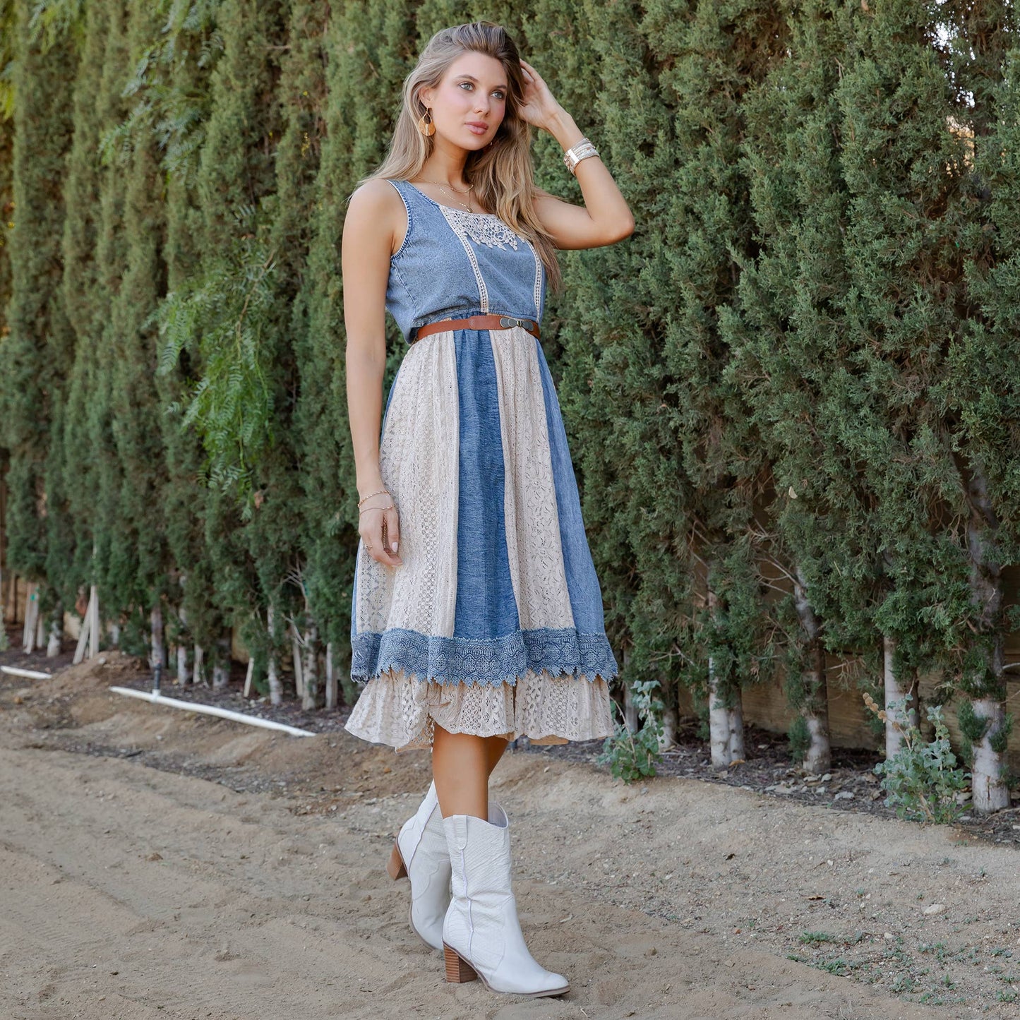 Betty Boho Western Denim & Lace Panel Midi Dress - Latte