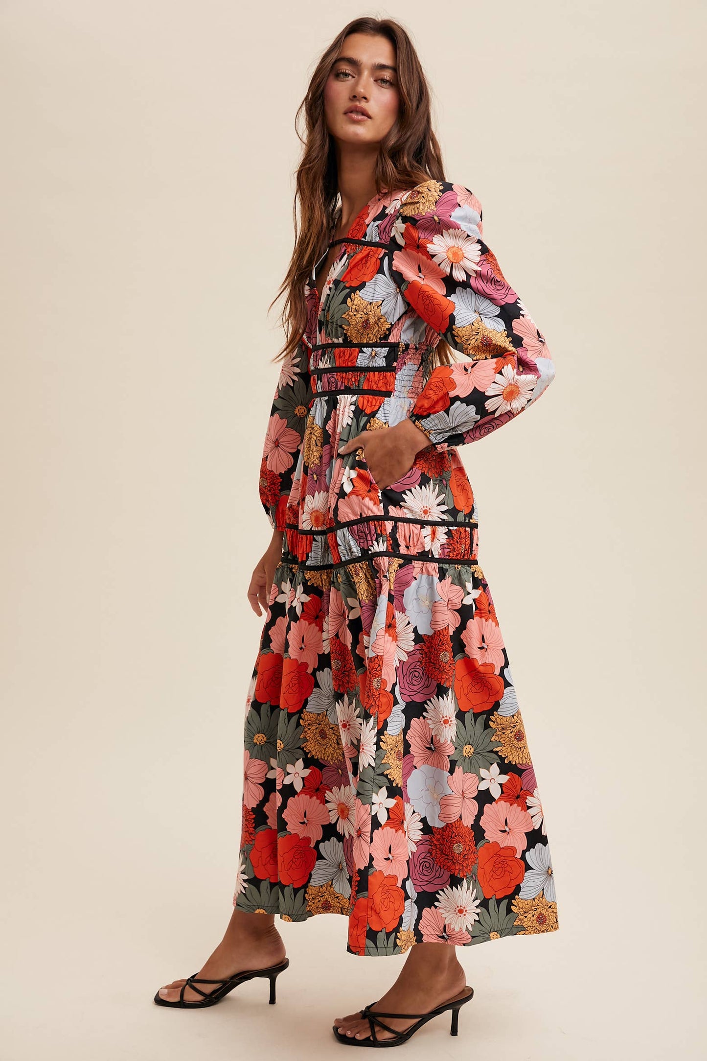 Sidney Floral Puff Sleeve Midi Dress ~ Red