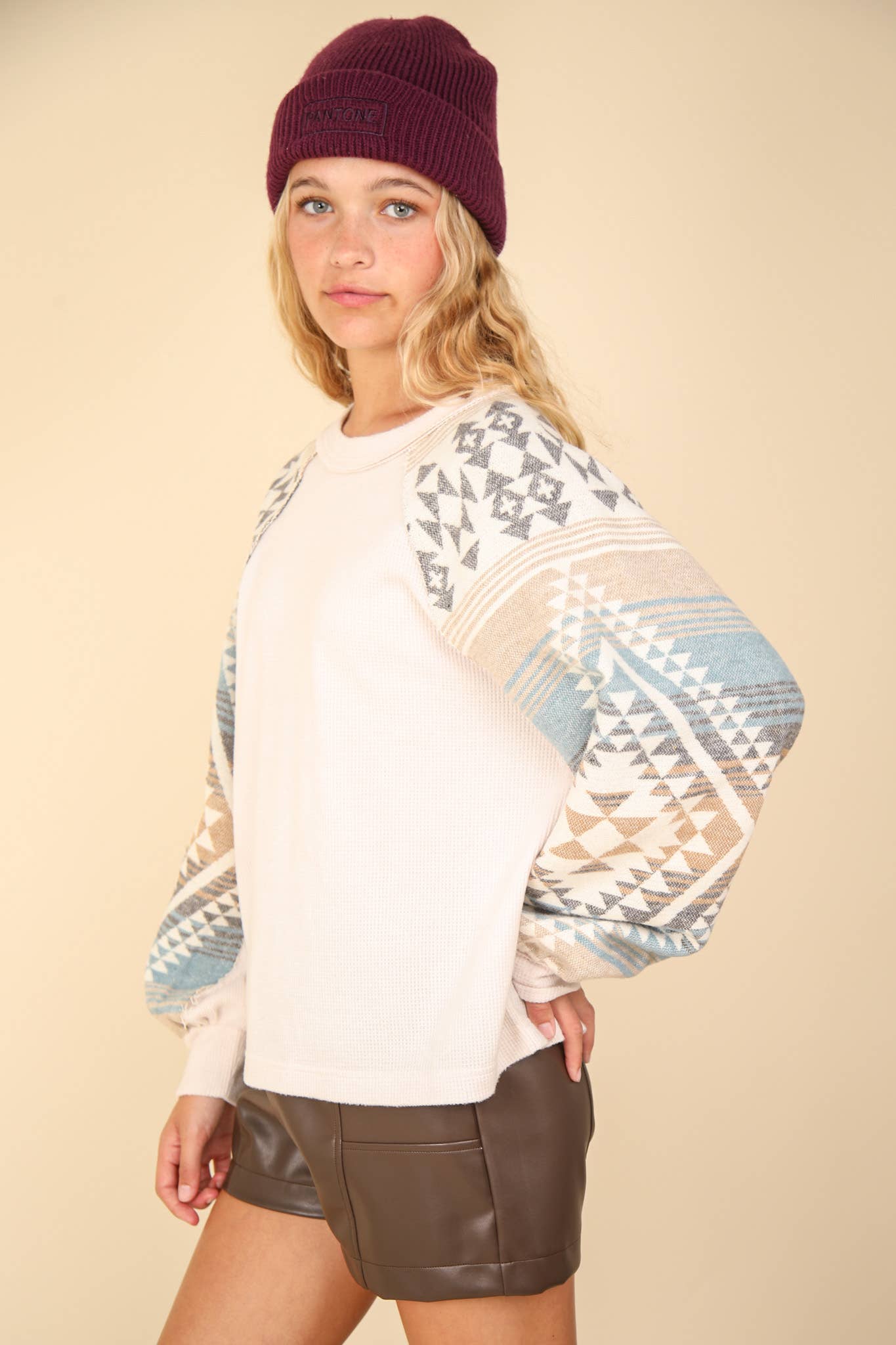 Audrey Aztec Printed Sleeve Oversized Cozy Knit Top ~ Cream