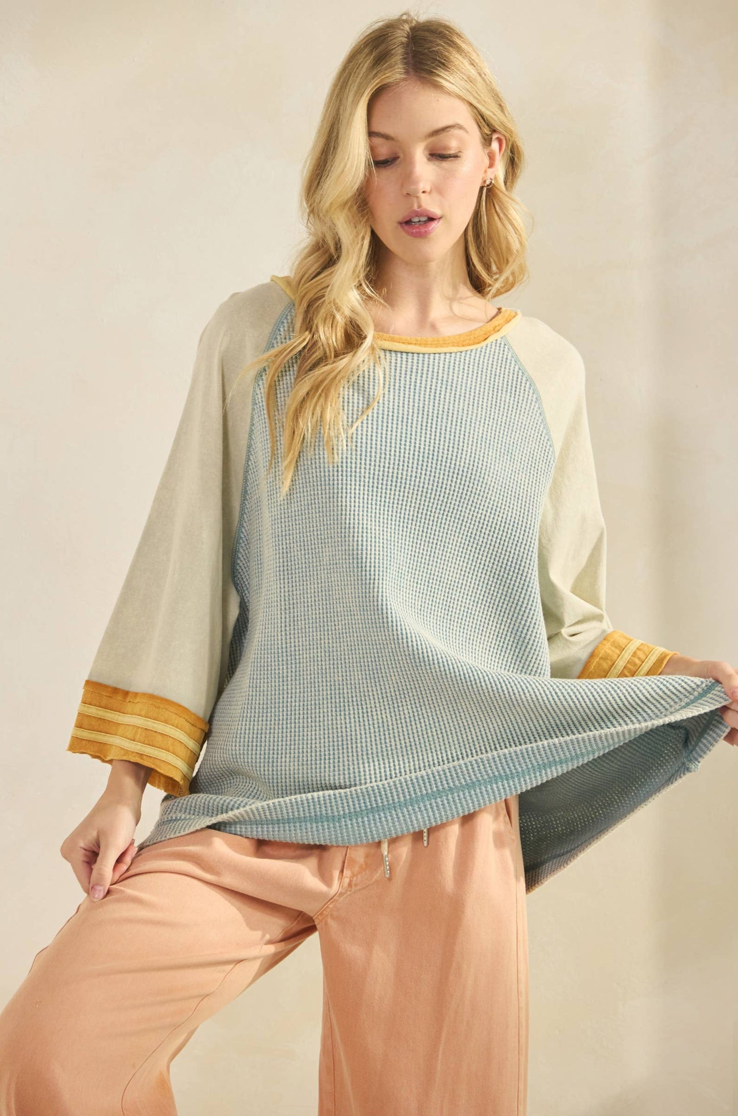 Bonnie Boho Waffle Knit Raglan Top ~ Dusty Blue