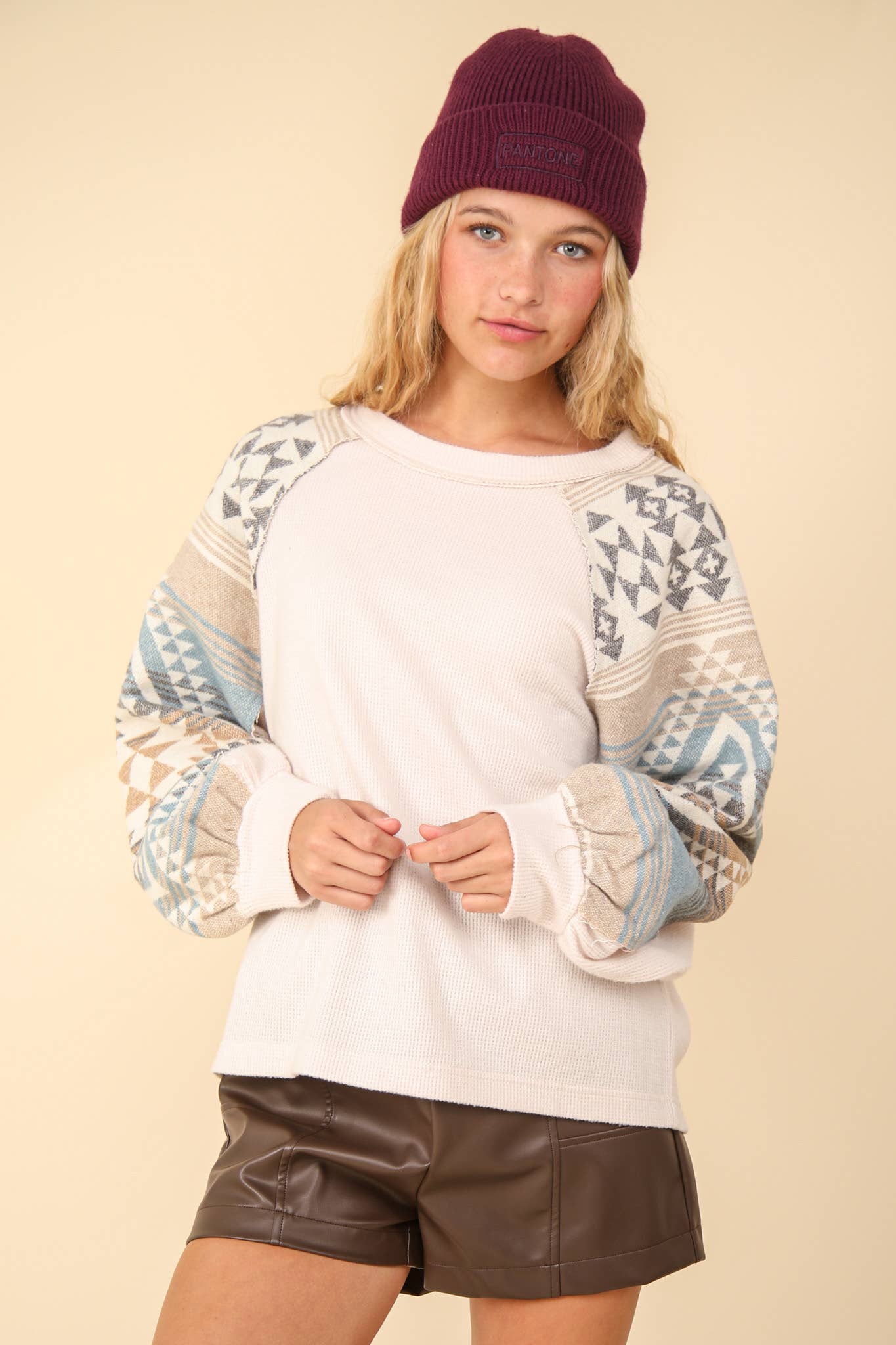 Audrey Aztec Printed Sleeve Oversized Cozy Knit Top ~ Cream