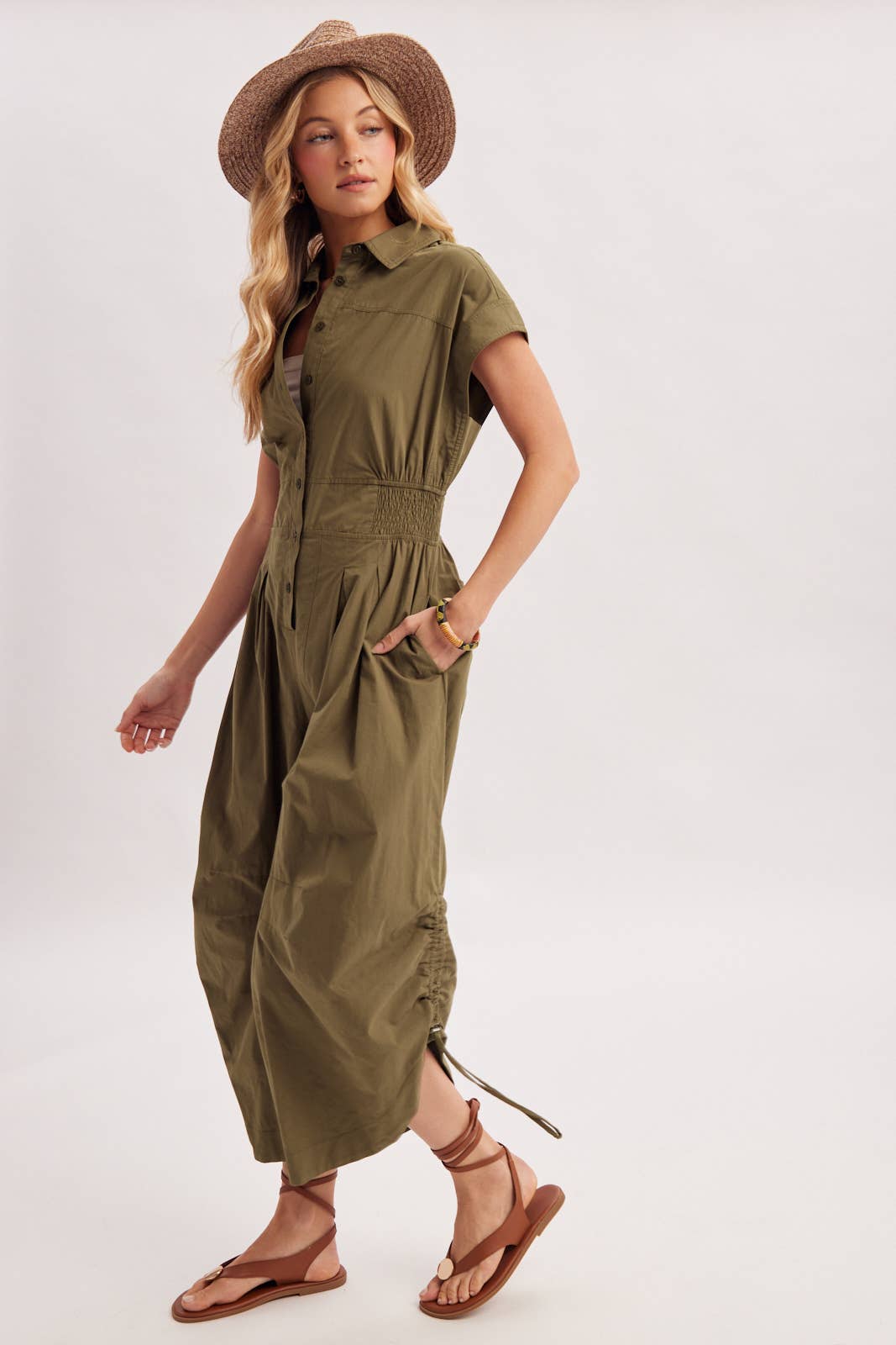 Megan Button Down Utility Jumpsuit ~ Olive