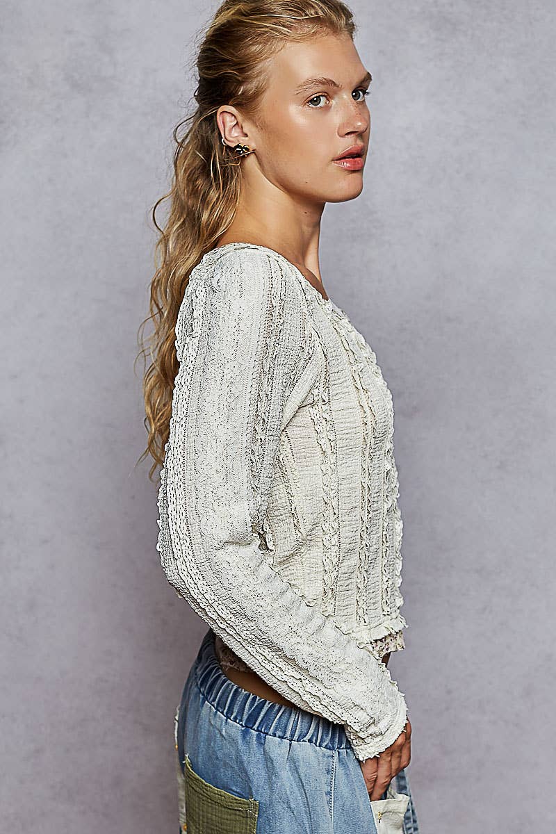 Lola Lace printed Ruffle Knit Top ~ Cream