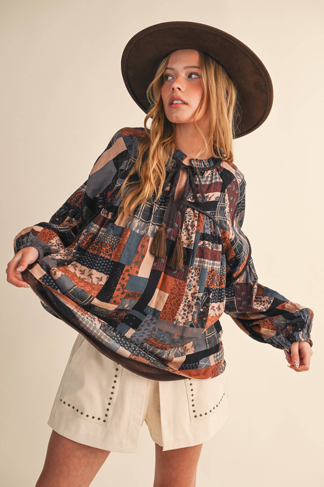 Layla Boho Patchwork Babydoll Top ~ Brown