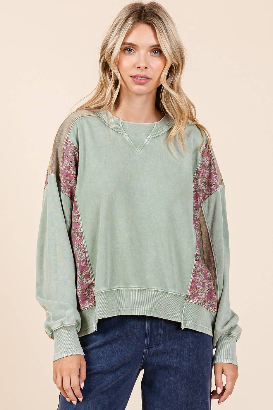 Carrie Patchwork Mineral Wash Pullover ~ Sage