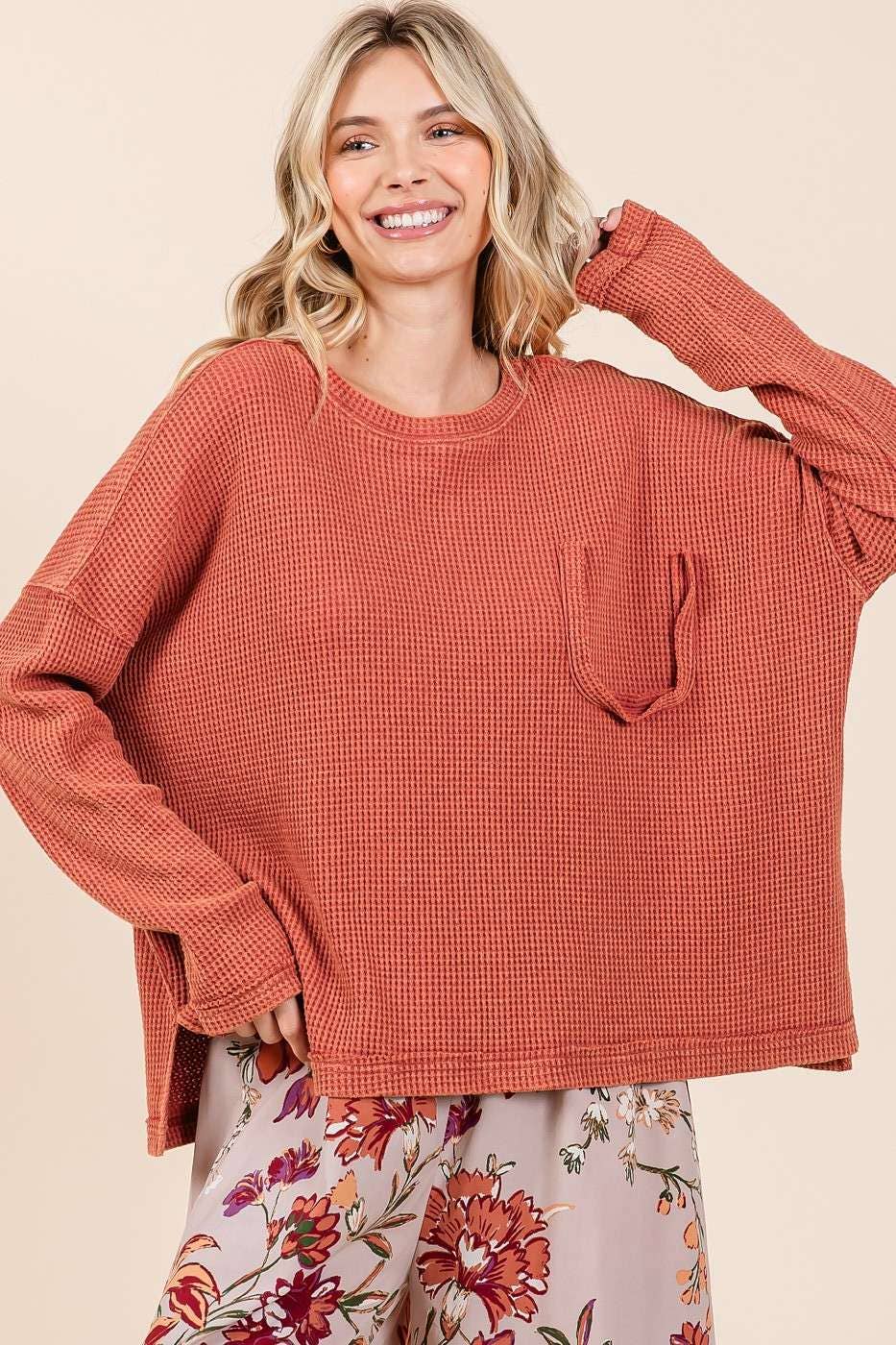 Myra Mineral Wash Cutout Pocket Waffle Top ~ Rust