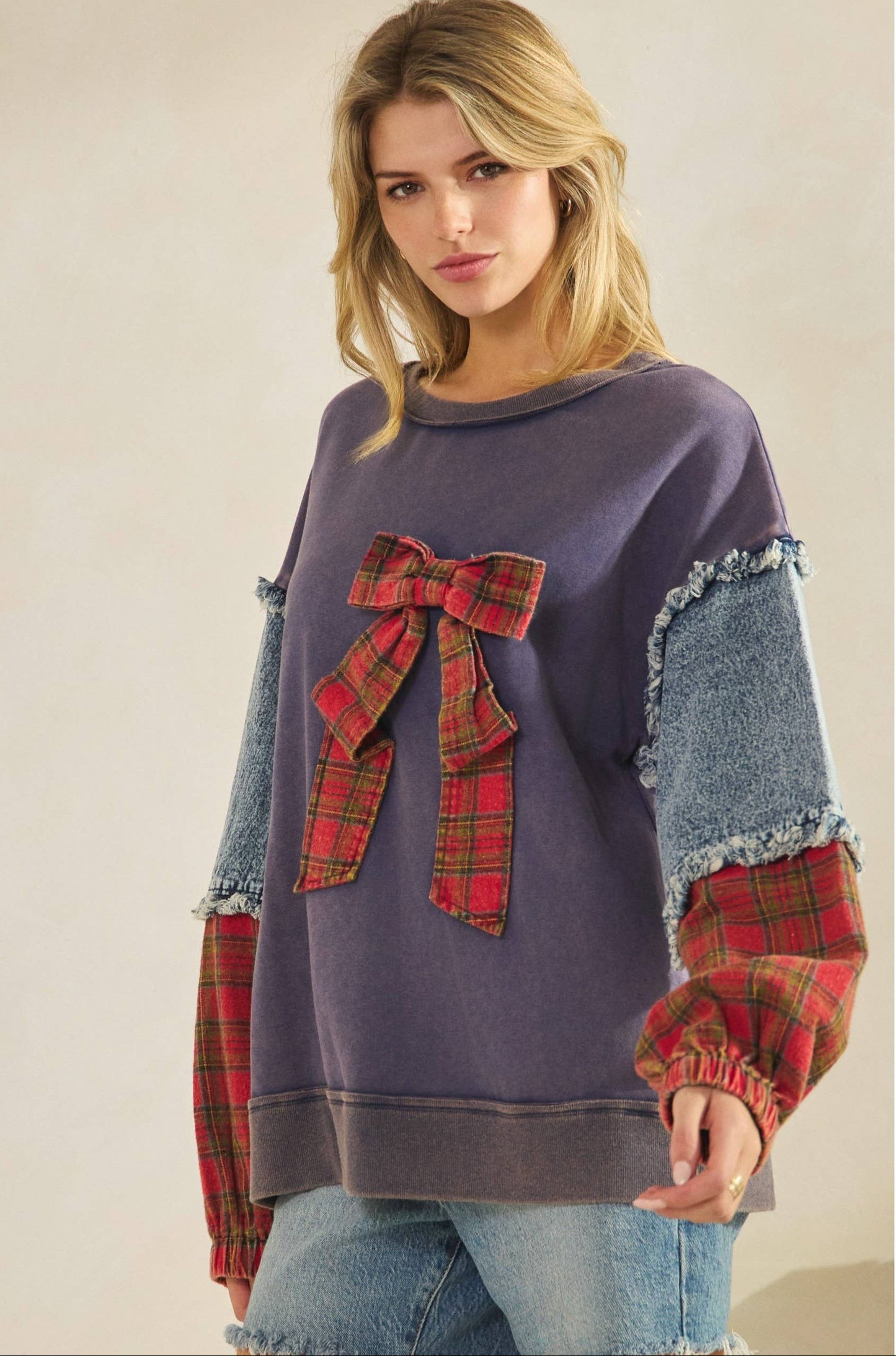 Pamela Plaid Bow Denim Sleeve Pullover ~ Navy