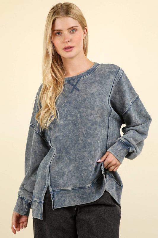 Mya Mineral Washed French Terry Oversized Knit Top ~ Denim