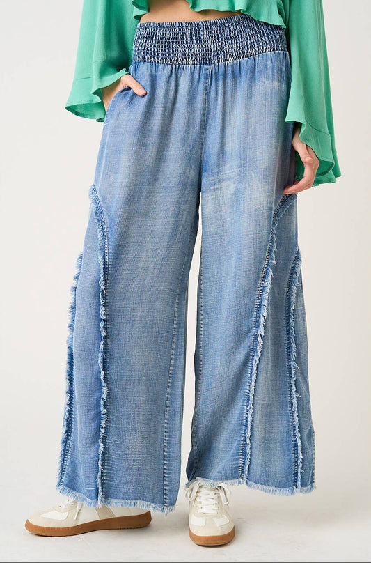 Wesley Washed Chambray Smoked Fringe Wide Leg Pants ~ Light Denim