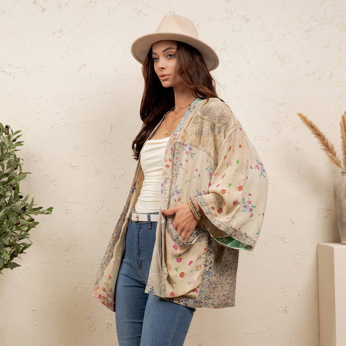 Veronia Vintage Overdyed Mixed Print Kimono Top ~ Sand
