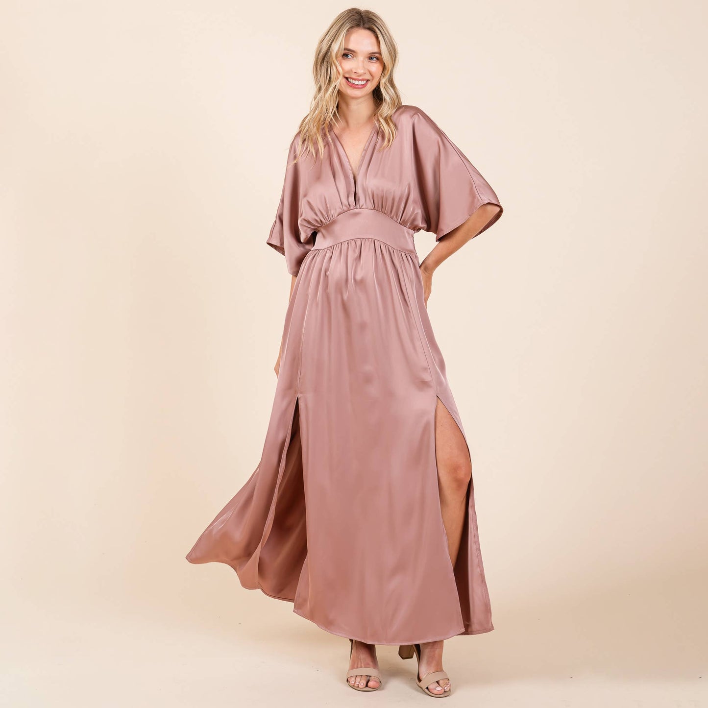 Selma Satin Kimono Maxi Dress ~ Dusty Rose