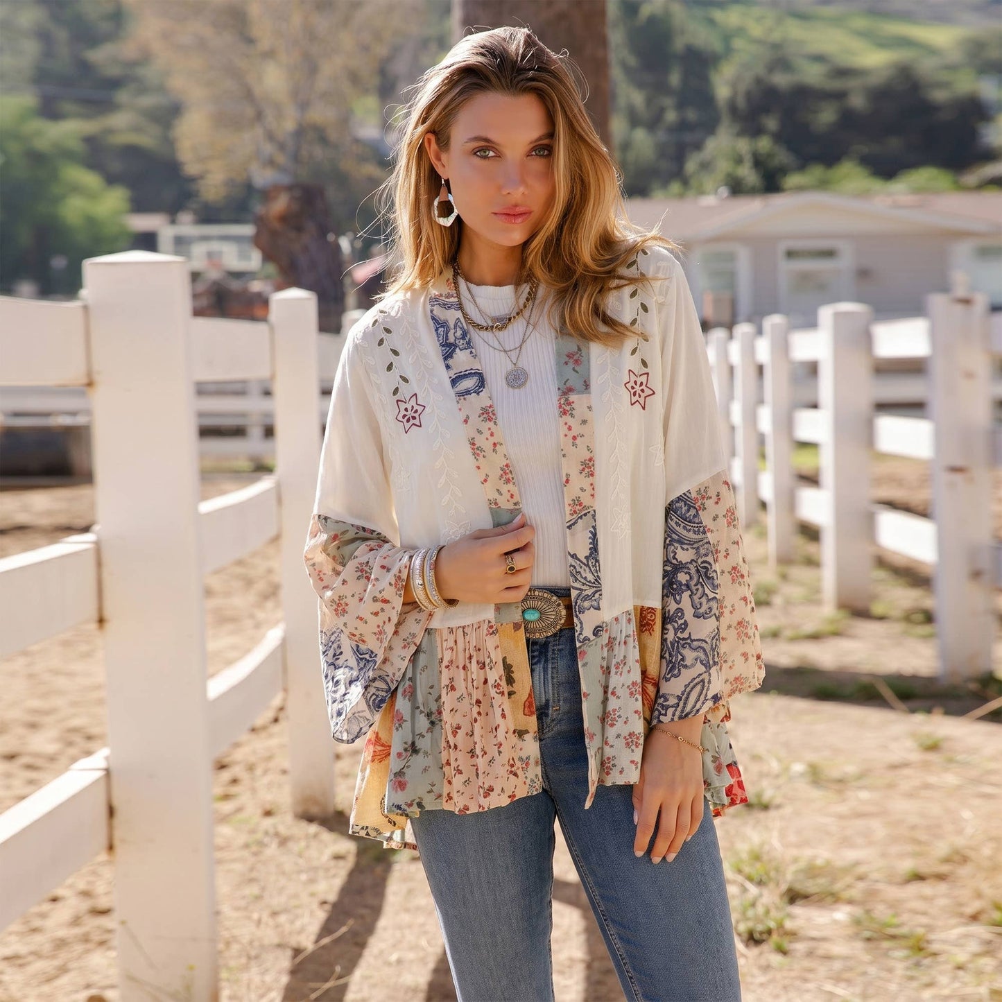 Peyton Patchwork Bell Sleeve Kimono ~ Pearl