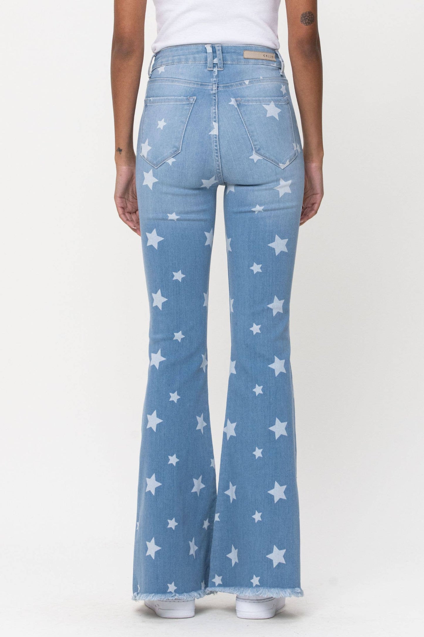 Star Print High Rise Front Pocket Flare Jeans ~ Light Denim