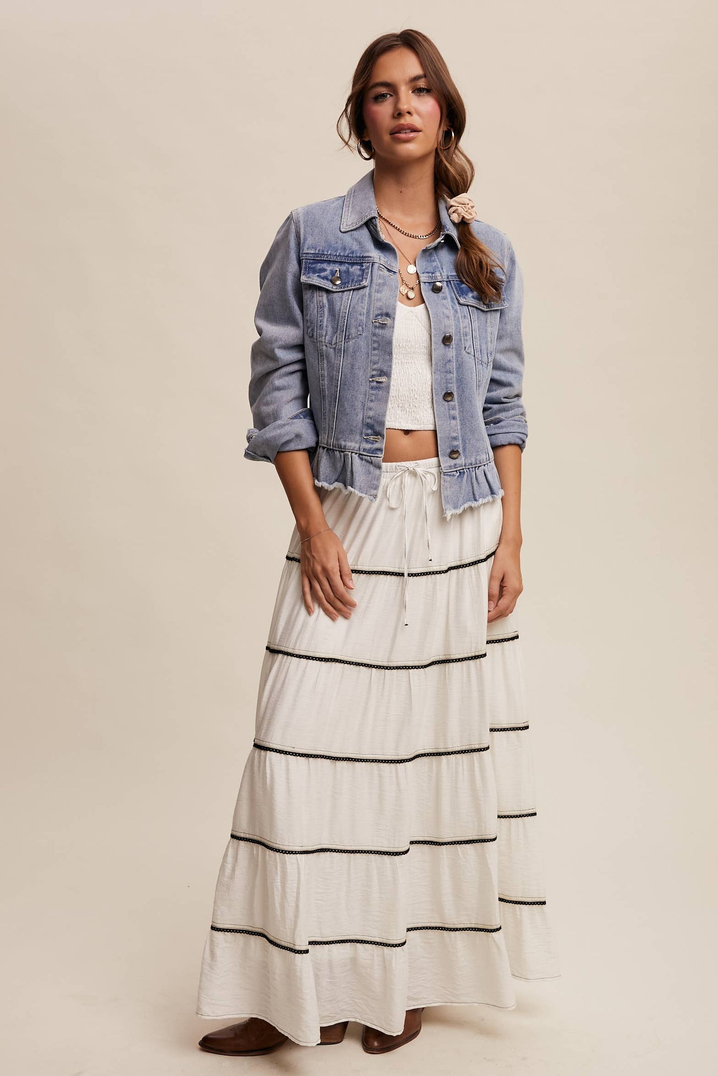 Regan Ruffled Hem Denim Jacket ~ Light Denim