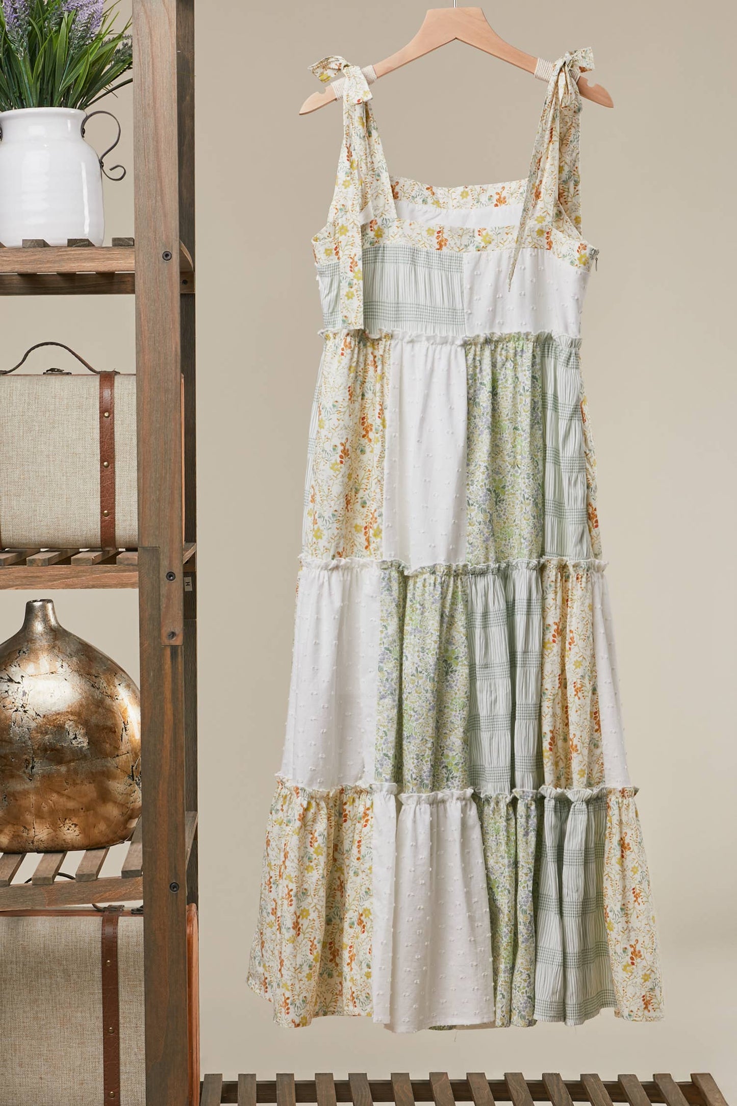 Paisley Patchwork Tie-Shoulder Tiered Maxi Dress ~ Ivory