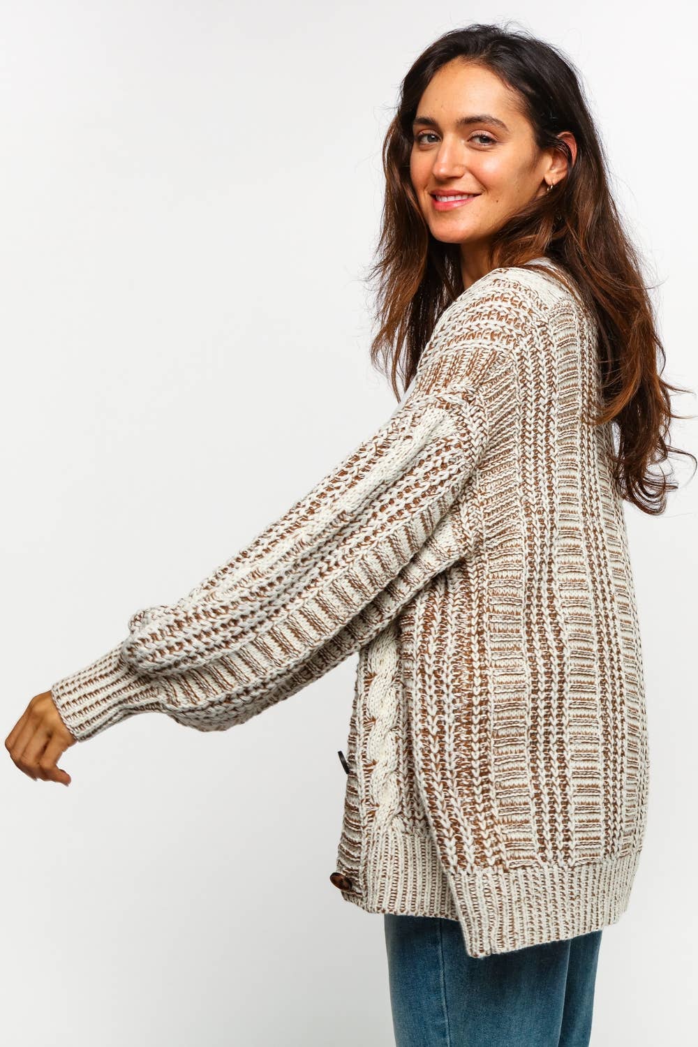 Tessa Two Tone Cable Chunky Sweater Cardigan ~ Oatmeal/Taupe