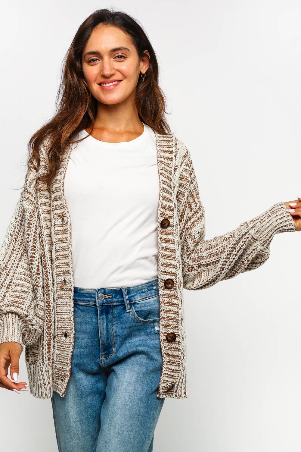 Tessa Two Tone Cable Chunky Sweater Cardigan ~ Oatmeal/Taupe