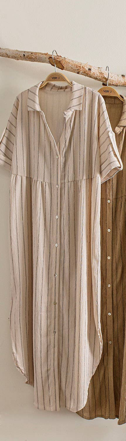 Shelia Striped Linen Midi Button Down Shirt Dress ~ Oatmeal