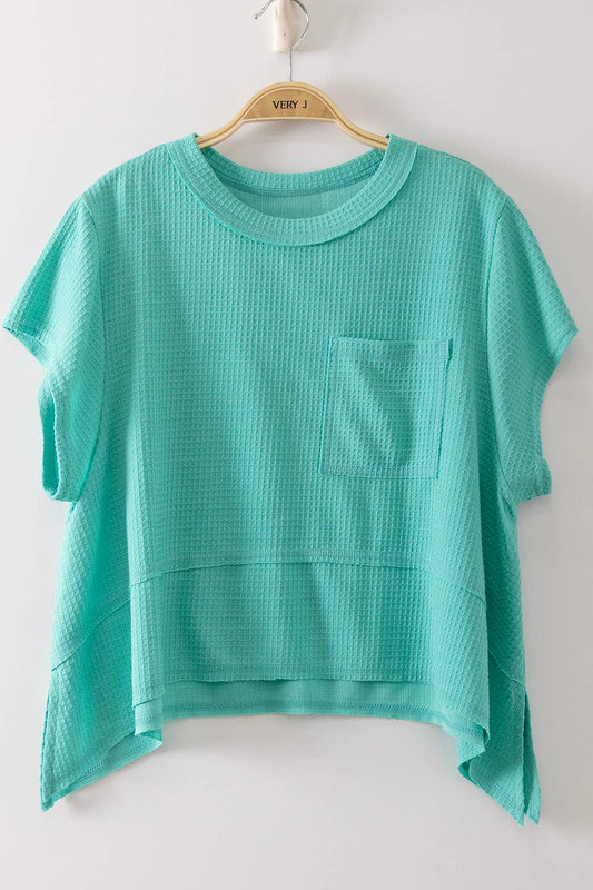 Felicia Flared Hem Waffle Knit Casual Top ~ Seafoam