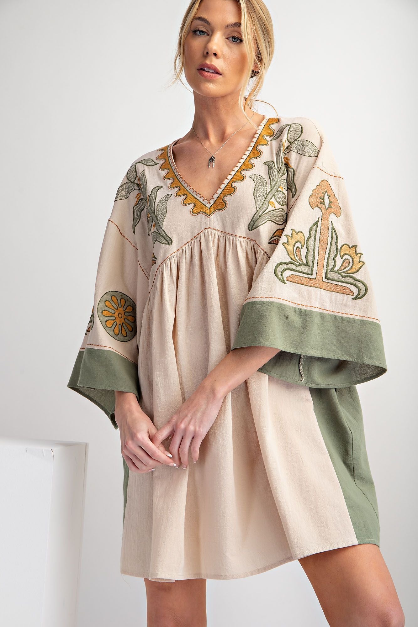 Celeste 3/4 Sleeve Embroidered Dress ~ Khaki