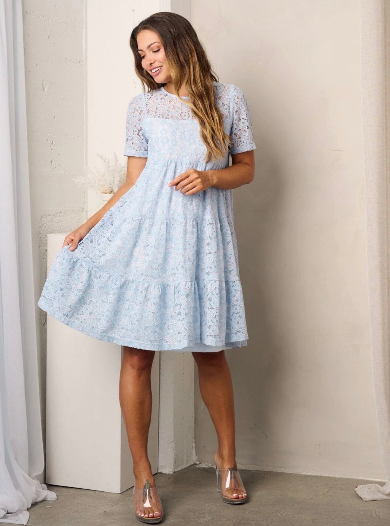 Tiffany Tiered Lace Mini Dress ~ Ice Blue