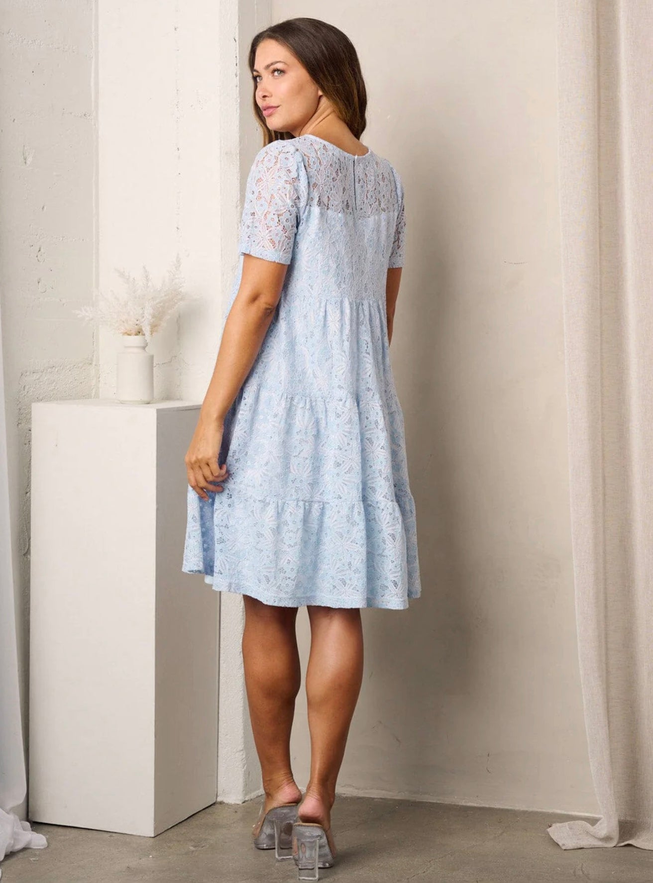 Tiffany Tiered Lace Mini Dress ~ Ice Blue