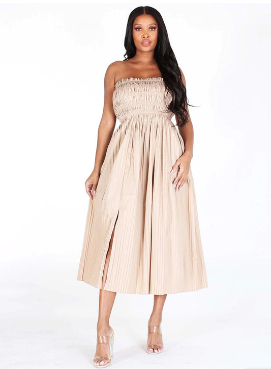 Cameron Strapless Smock Fit & Flare Midi Dress ~ Tan