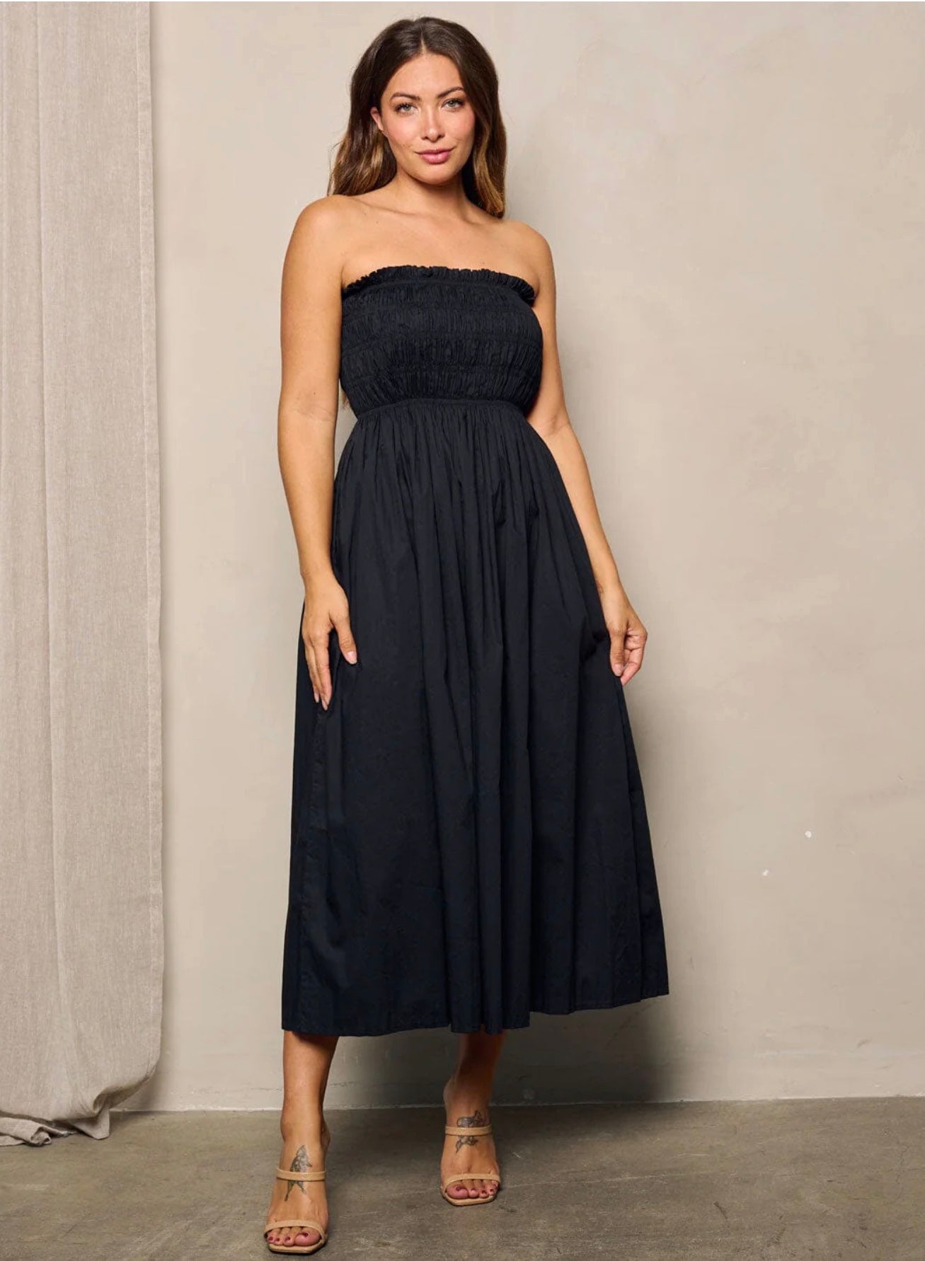 Bridget Strapless Smocked Pocket Midi Dress ~ Black